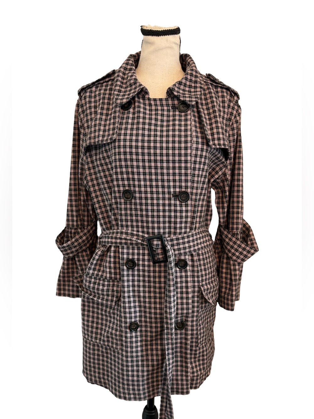 14th & Union Pink Black Plaid Trench Coat Belted Cotton Jacket Large